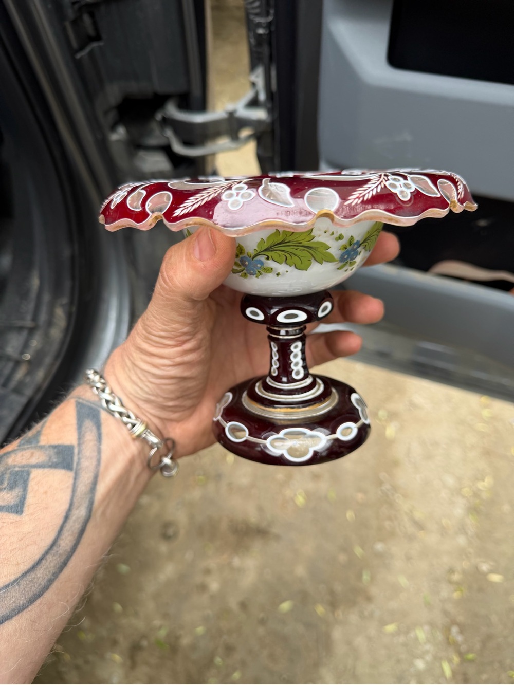 Hand-Painted Ruby Red Glass Compote Dish